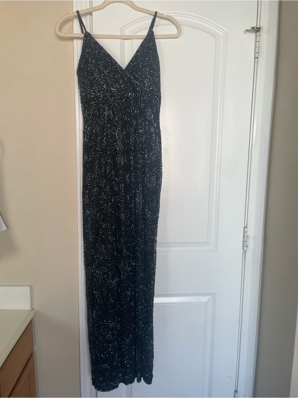 Sleeveless  v neck Black heavily beaded  Evening Gown 100% silk
